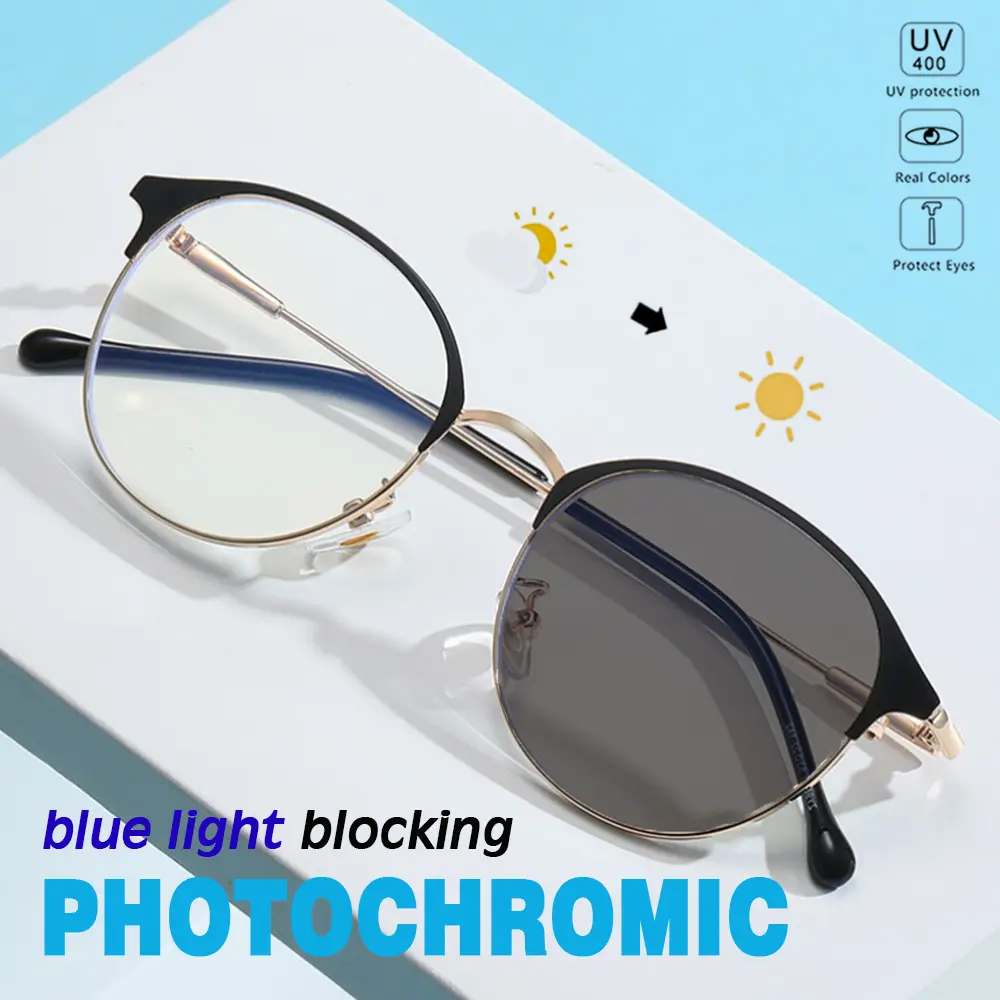 Photochromic Glasses Fashion Thin Frames Unisex Anti-blue Light Eyelasses Oversized #HQ04