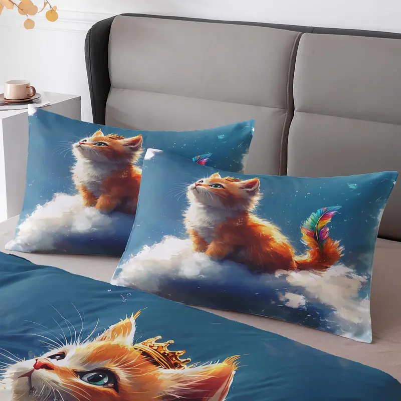 Cartoon Cat Print Duvet Cover Set, 1 Count Duvet Cover & 2 Counts Pillowcase without Filler, Soft Comfortable Bedding Set for Home Bedroom 4