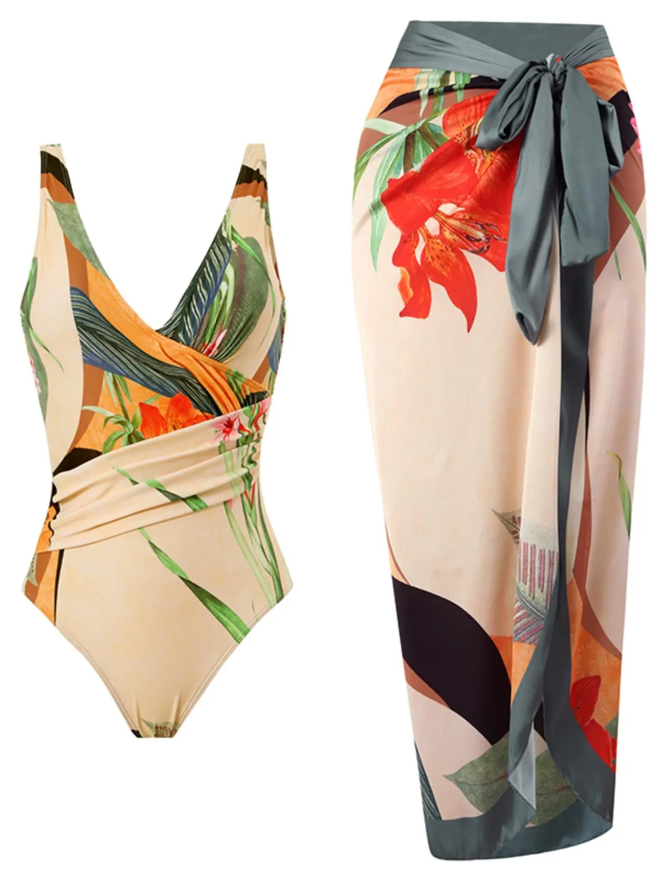 Two-piece Set Women's Plants Print Swimsuit, Boho Fashion Casual Sleeveless Wrap Plicated One-piece Swimwear & Tie Front Skirt for Beach Holiday Vacation, Ladies Swimsuit for All Seasons, Curve Swimwear UK