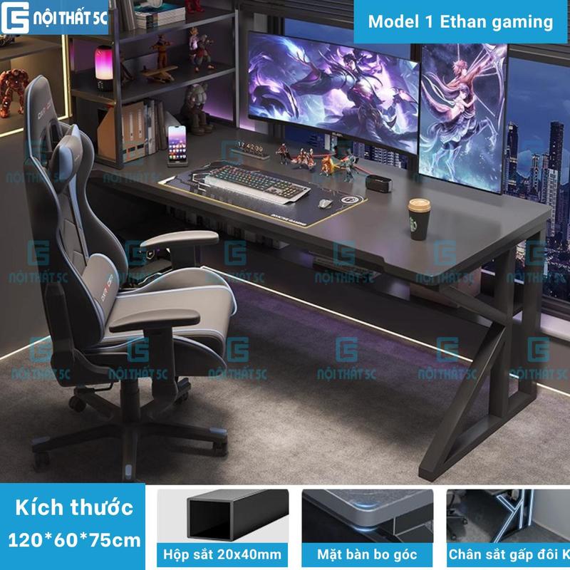 Nội Thất 5C Bàn tên ETHAN Model 1 Ethan plus Bàn gaming làm việc mặt gỗ MDF 15mm kệ lửng 2 lỗ đi dây điện kèm phụ kiện giá cốc giá treo tai nghe chân sắt 20x40mm BH-096G-PK Full đen