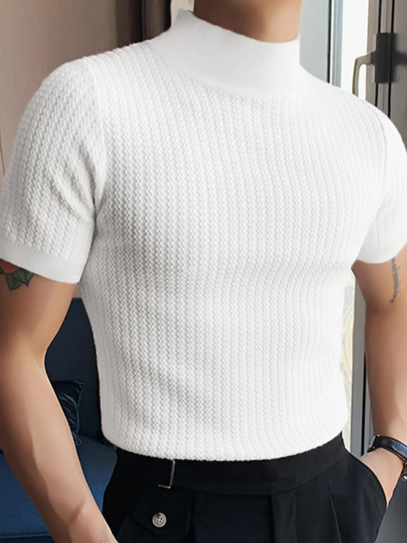 Men's Regular Fit Solid High Neck Tee, Casual Short Sleeve Turtleneck T-Shirt for Summer, Menswear for Daily Wear