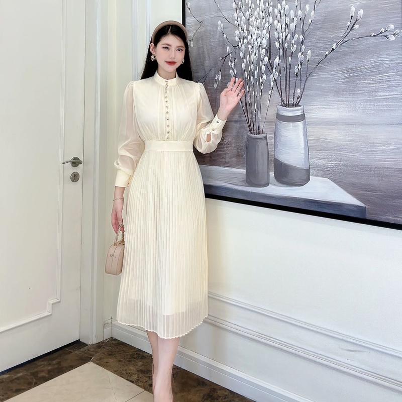 Váy thiết kế ED 33 Tơ óng xếp ly cổ cao tay dài dập ly chân váy,tặng kèm khuy phụ,tag cài áo và hộp Váy chữ A Nữ Women Nhung