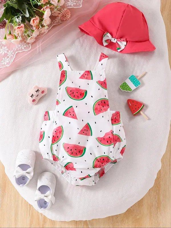 Baby Girl's Watermelon Print Sleeveless Bodysuit & Hat Set, Cute Bodysuit for Infant Toddler Kids, Newborn Baby Girls Clothes for Summer 0