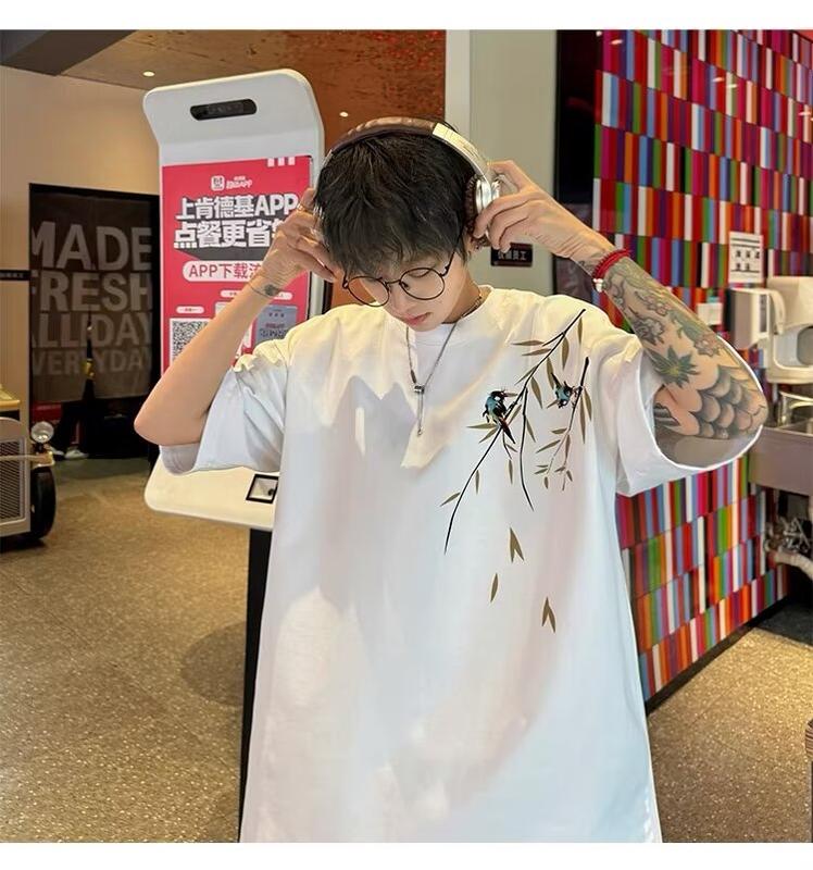Product Introduction of Popular fashion bamboo print loose T-shirt cotton print short sleeve plus size tee for men 16