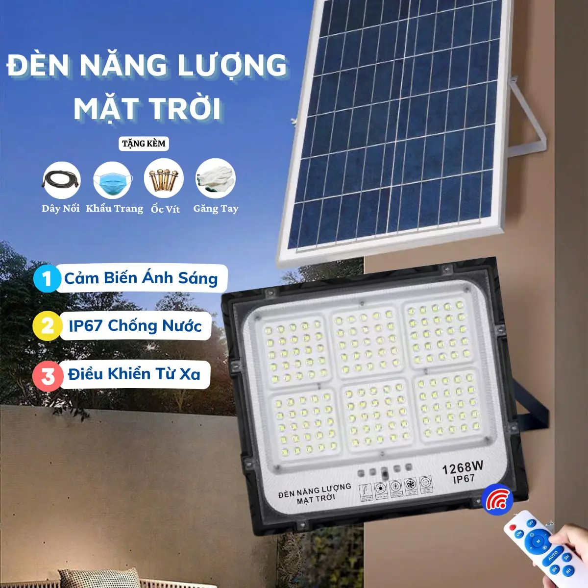 Đèn Năng Lượng Mặt Trời 1268W Đèn Led năng Lượng Tích Điện 6-8 Tiếng Chống Nước IP67 Tiết Kiệm Tiền Điện