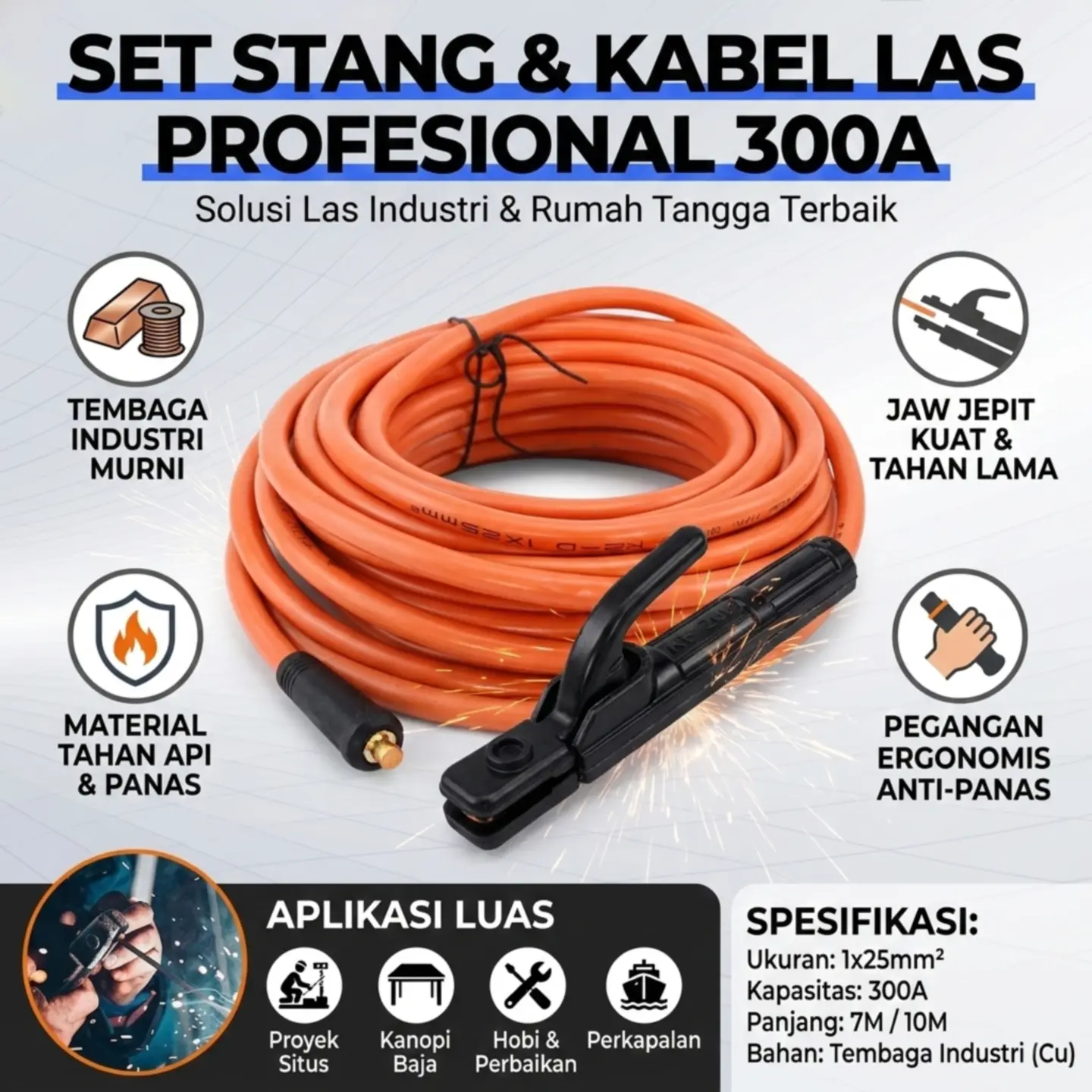 Set Tang Las Kabel Tembaga Murni 300A 1x25mm² Panjang 7M 10M Stang Mesin Las Lurus Tahan Api Konektor Cepat Kualitas Industri Anti Panas