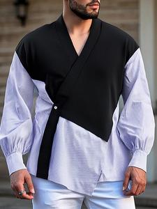 Men's Contrast Color Striped Long Sleeve Shirt, Casual Patchwork V-Neck Irregular Hem Top for All Season, Streetwear Fashion Men's Clothes for Daily Wear