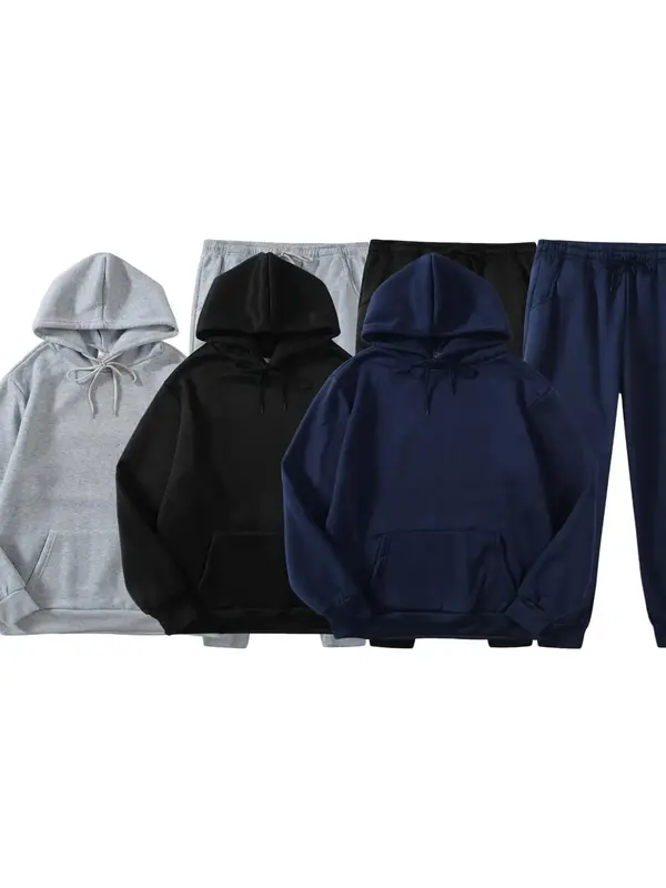Men's Solid Two-piece Outfits, Regular Fit Casual Drop Shoulder Hoodie & Drawstring Sweatpants, Men Outfits for Fall & Winter, Airport Outfit, Matching Sets for Men, Premium Fabric 3