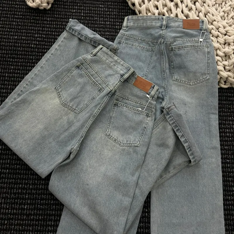 (RITA JEAN)A1 Quần Jean Nữ Ống Rộng Lưng Cao Trơn QC Mềm Lai Cuốn Màu Xanh Dài 104cm Rita Pants Women Denim 6