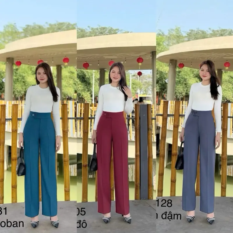 Quần suông khuy lệch 1 nút lưng cao ống rộng 23, 24cm chiều dài 102cm - Chất liệu cotton Hàn mềm mại và co giãn nhẹ - Ong, Pants, Nhung, Nữ, Women