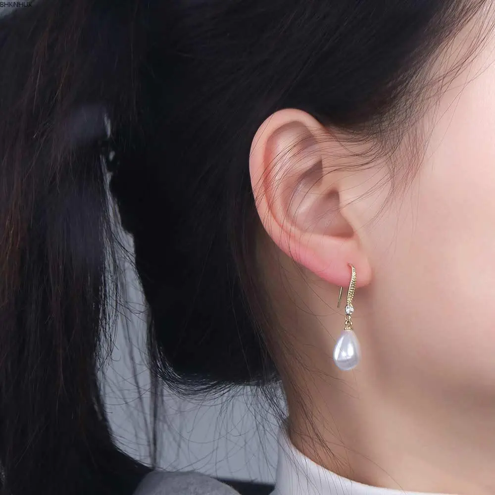 BHKNHUK Exquisite Water Drop Shape Long Earrings Simulation Freshwater Shell Beads Drop Earrings Temperament Ear Hook Female