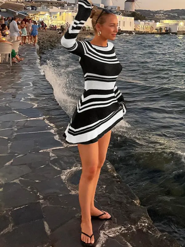 Women's Striped Print Backless Tie Back Sweater Frenchy Style Knitted Dress, Long Sleeve Crew Neck Dress for Spring & Fall, Holiday Dress 2024, Fashion Casual Dresses for Women Daily Wear, Holiday Summer Clothes, Dresses for Women 4