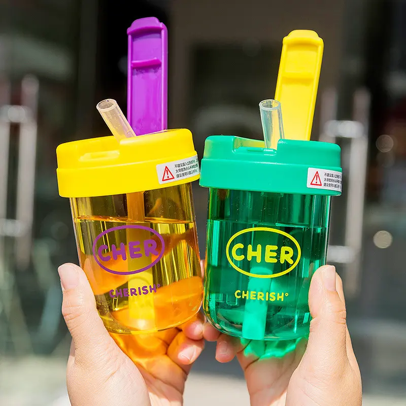 Cốc Nhựa Mini, Dễ Thương Và Có Thể Tái Sử Dụng, Dung Tích 300ML, Có Ống Hút, Thích Hợp Cho Học Sinh, Cầm Tay, Thích Hợp Cho Nước, Sữa Và Nước Ép, Thích Hợp Cho Các Cặp Đôi 0