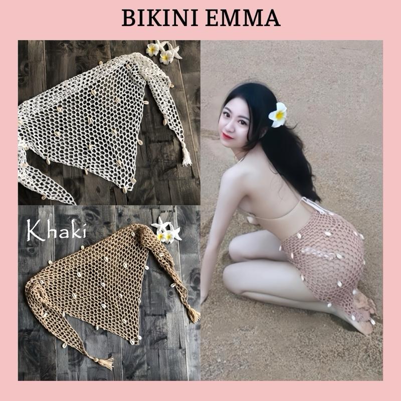 EMMA Khăn Len Móc Thủ Công Đính Vỏ Sò Sang Chảnh, Khăn Mặc Kèm Bikini Đẹp Chuẩn Hình