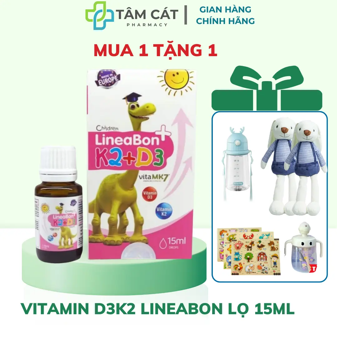 (MUA 1 TẶNG 1) Lineabon Vitamin D3k2 cho bé màu hồng, lọ 15ml - CHÍNH HÃNG+TÍCH ĐIỂM