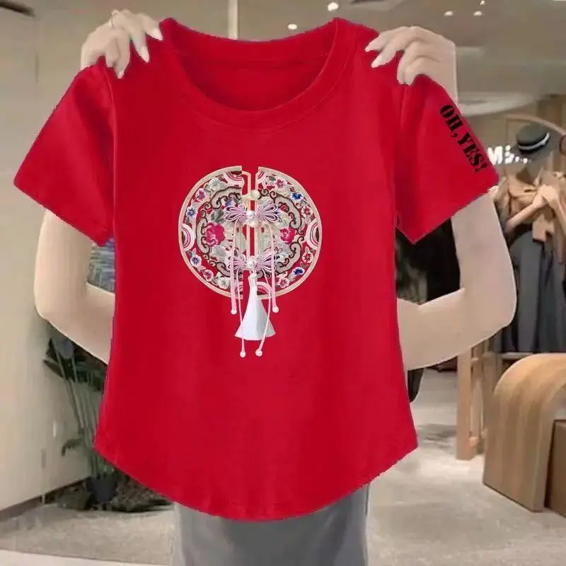 Summer New Style Red National Style Fashion Trend Short-sleeved New Chinese Style Flesh-covering Versatile Popular T-shirt Women's Tops