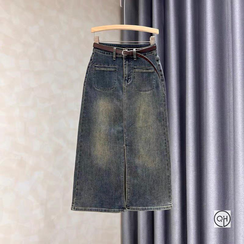 Chân váy denim túi cơi dáng dài xẻ tà trước chân váy jean cạp cao dáng chữ A váy bò nữ hot trend 2023