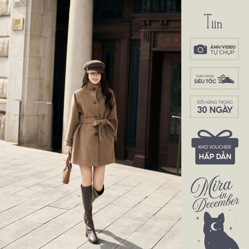 BST Mira TIINSTORE Áo khoác dạ thanh lịch thiết kế cổ đứng đai cá tay Kèm đai sang trọng ADK.2510.372