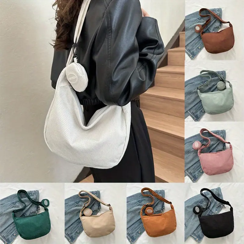 Elegant Women Corduroy Shoulder Bag Crossbody Purse Ladies Solid Color Zipper Fashion Handbags