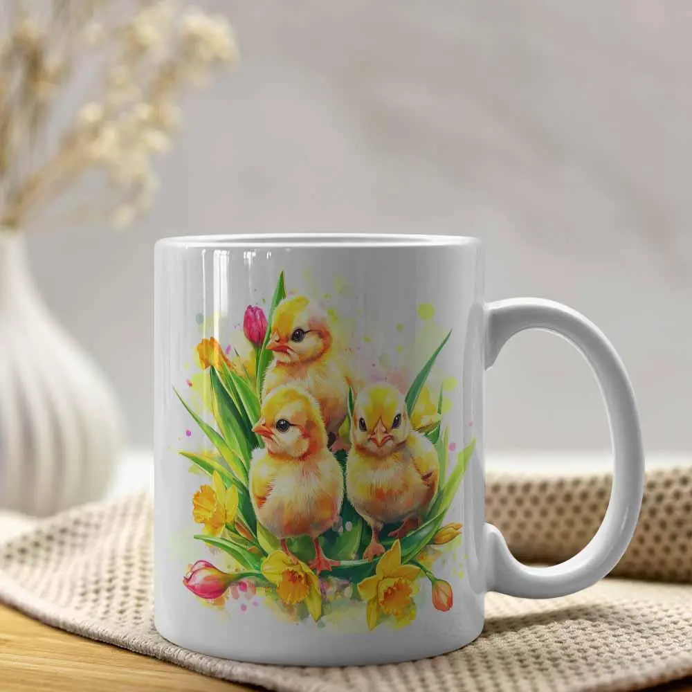 Cute Chick & Tulip Pattern Coffee Mug, 11oz Ceramic Cup, Drinking Cup for Home & Outdoor Use, Suitable for Tea, Coffee, Water, Beverage