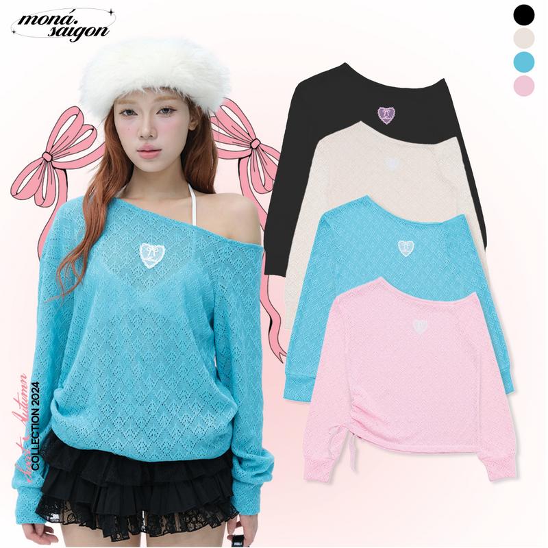 Áo trễ vai tay dài nữ chất len có dây rút form suôn đính ren MONÁ - DAMI TOP
