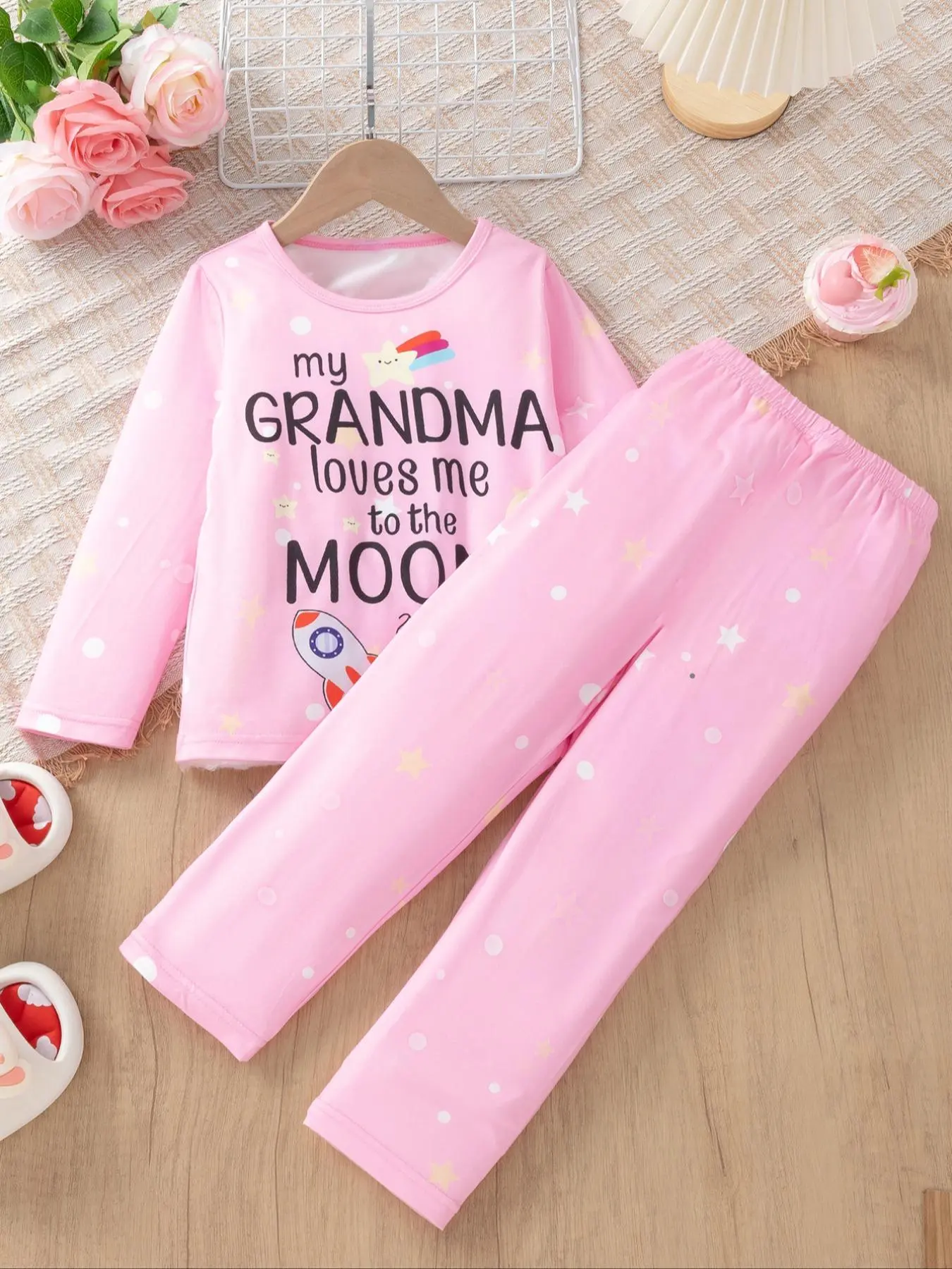 Two-piece Set Girl's Cartoon Rocket & Letter Print Top & Pants Set, Casual Round Neck Long Sleeve Top & Trousers for Fall & Winter, Kids Clothes for Daily Wear