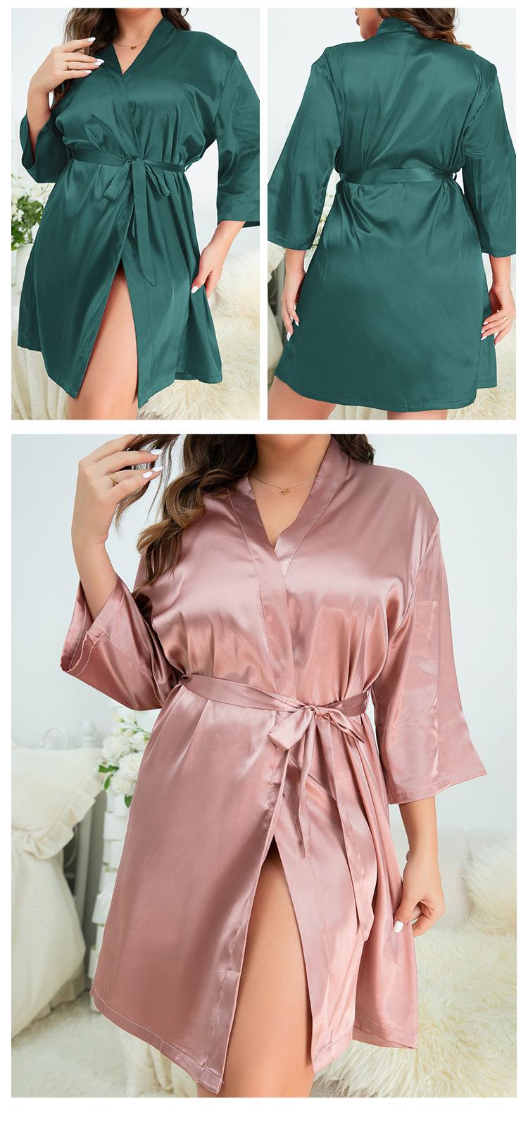 Product Introduction of 2025 new spring summer thin cross-border width plus size bathroom bathrobe casual ice silk pajamas women's home wear simple cardigan lace-up nightgown 7
