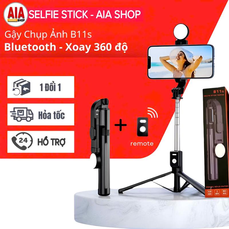 Gậy chụp ảnh AIA B11-S Selfie 3 chân cao 1M phụ kiện có kem đèn Led trợ sáng và nút điều khiển bluetooth chụp ảnh xa 10M