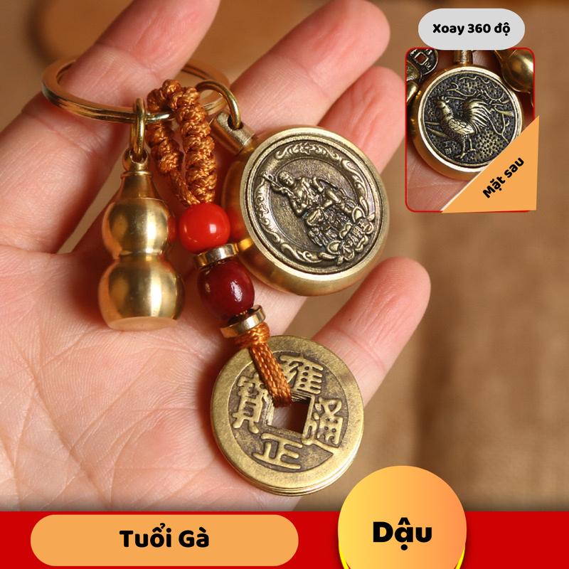 Móc khoá Đồng Thau hai mặt 12 con giáp 8 mặt Phật, tặng bình hồ lô, dây 5 Đồng xu, ( cát chu sa và bình hồ lô) Móc Chìa Khoá Móc Khóa Bản mệnh 12 con giáp Nam Nữ móc  khóa 3