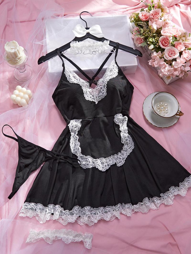 Product Introduction of Women's Contrast Lace Cami Nightdress & Thong & Choker & Wristband Four-piece Set, Sexy Criss Cross Backless Ruffle Trim Nightgown & Accessories, Women's Sleepwear & Loungewear Set 5