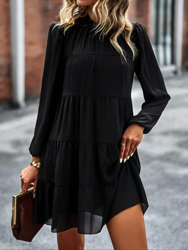 Product Introduction of Women's Plain Ruched Ruffled Collar Smock Dress, Boho Bishop Sleeve Short Dress for Beach Holiday Vacation, Ladies Clothes for All Seasons 12
