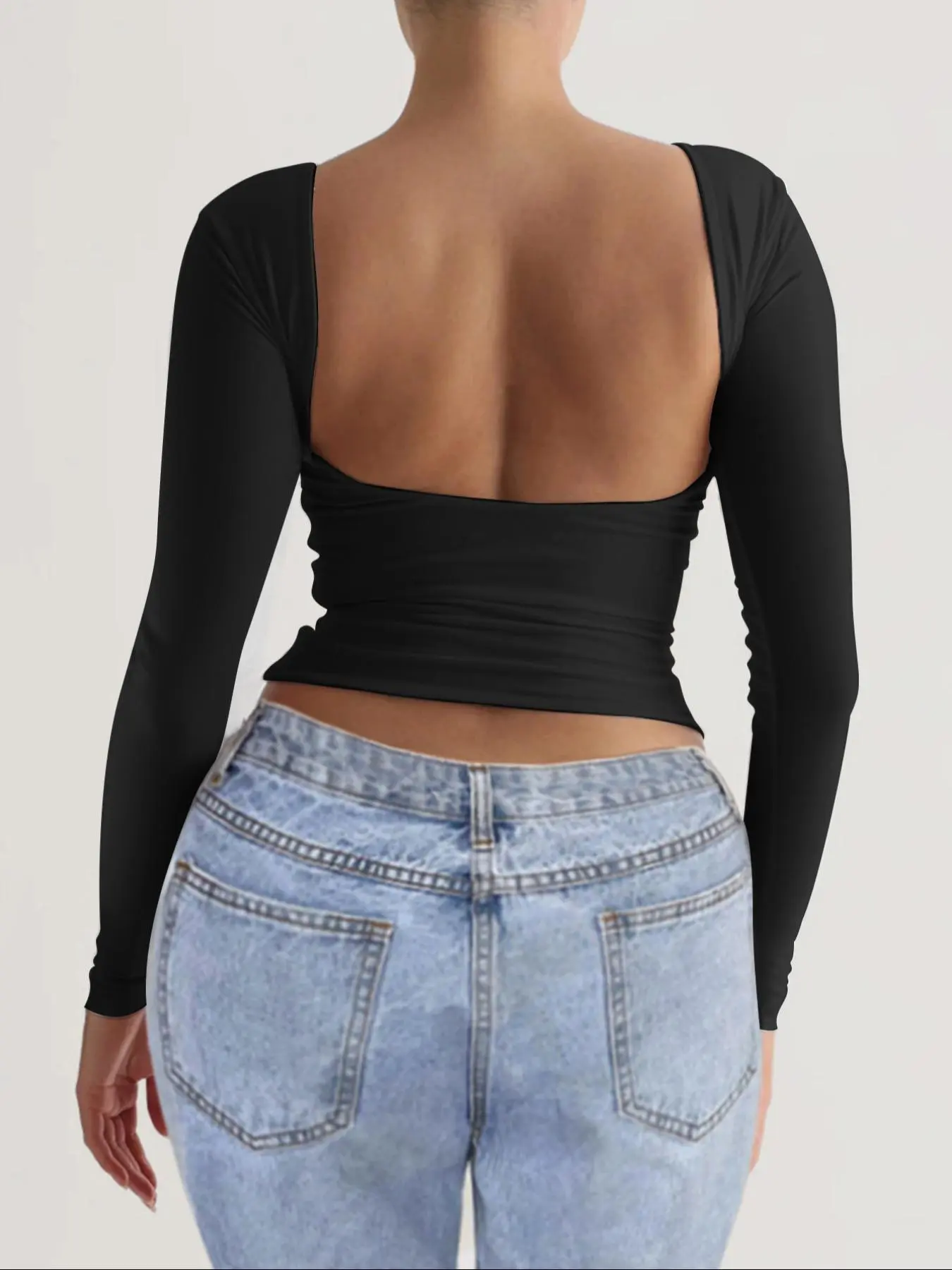 Women's Solid Backless Round Neck Crop Tee, Casual Minimalist Long Sleeve T-shirt Tee for Daily Wear, Ladies Clothes for All Seasons, Valentine's Day Gift for Girl Valentine's Day, gift