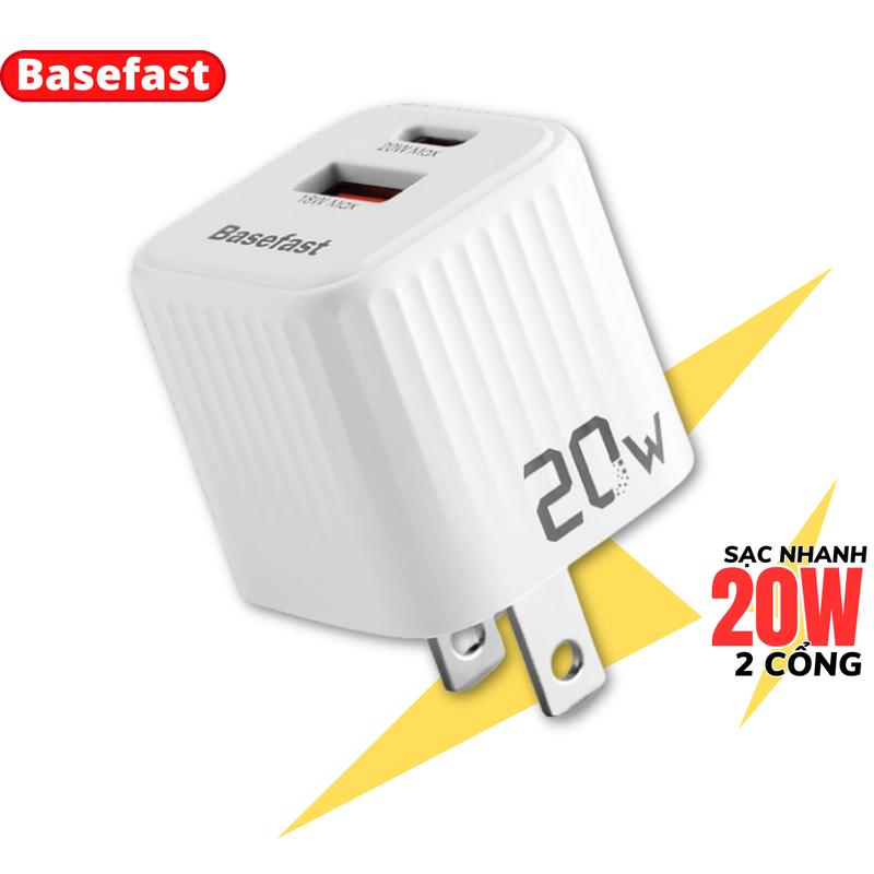 Củ sạc nhanh 20W 2 cổng Basefast Cốc dùng cho nhiều dòng smartphone iPhone samsung xiaomi oppo Usb