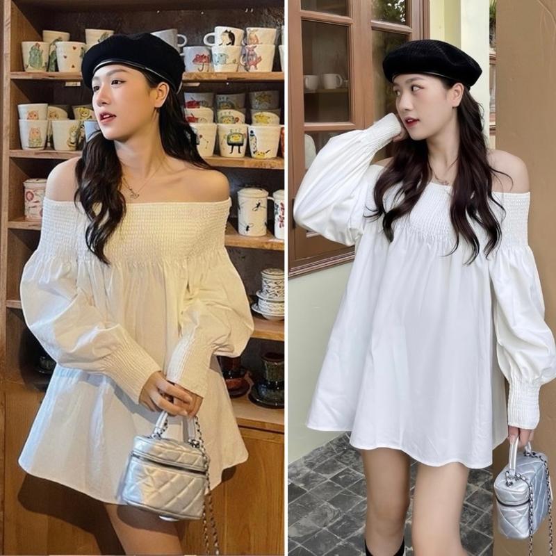Đầm trễ vai nữ tay dài from rộng thiết kế bo chun tay dài 4