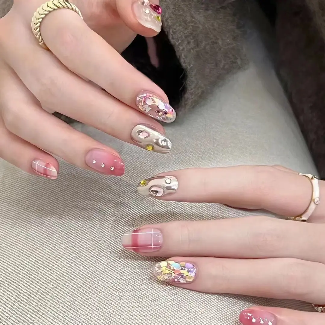 Handmade 10pcs Delicate Oval Press On Nails Ombre Diamonds Sequined Striped Chrome Powder False Nails