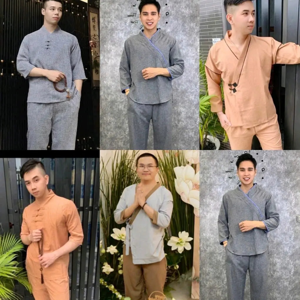 Đồ lam đi chùa nam cao cấp-Pháp phục đi chùa nam vải linen Quảng châu dày dặn đủ size