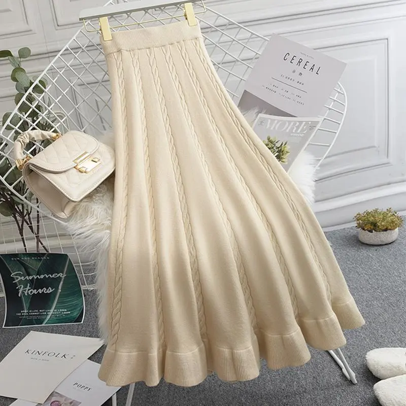 Váy Len, Váy Dệt Kim, Váy Dài, Dành Cho Nữ, Mùa Thu Và Mùa Đông, Cạp Cao Co Giãn, Váy Xoắn Chữ A, Xòe Lớn, Xếp Ly, Dài Trung Bình Women Khuy