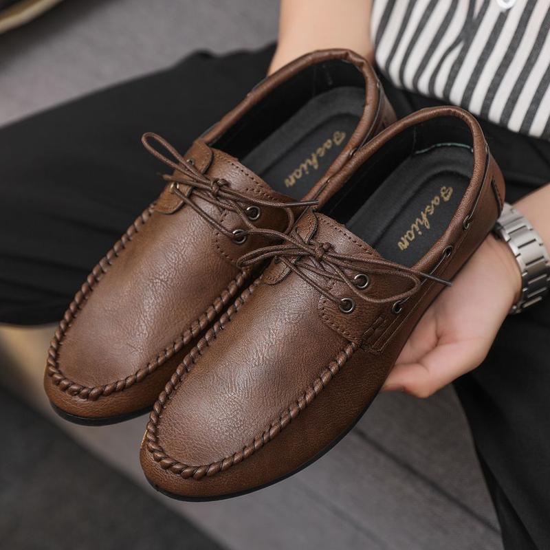 Round Toe Shoes Casual Men's Slip-on Leather Shoe Flat Lightweight Breathable Dress Shoes 2024 New 7