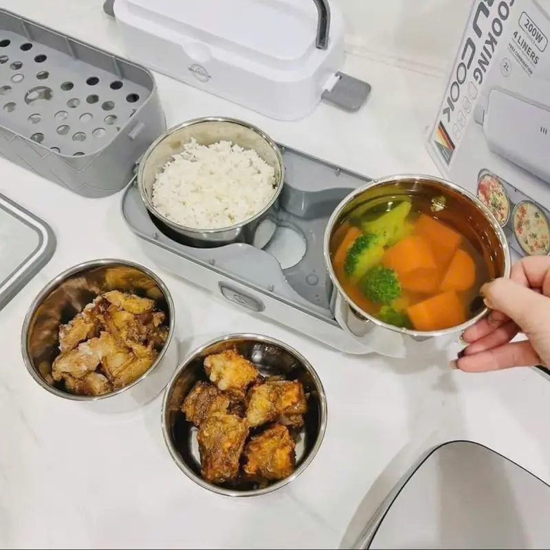 Hộp cơm cắm điện văn phòng 2 tầng 4 bát inox giữ nhiệt, hâm nóng và tự nấu chín nhỏ gọn tiện lợi 4