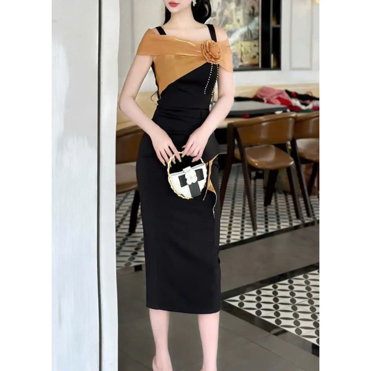 Mai Gương Shop V3415 Váy Thiết Kế 2 Dây Trễ Vai Kết Bông Thêu Ngọc Sang Trọng Dáng Body Tôn Dáng Phù Hợp Đi Tiệc Sự Kiện