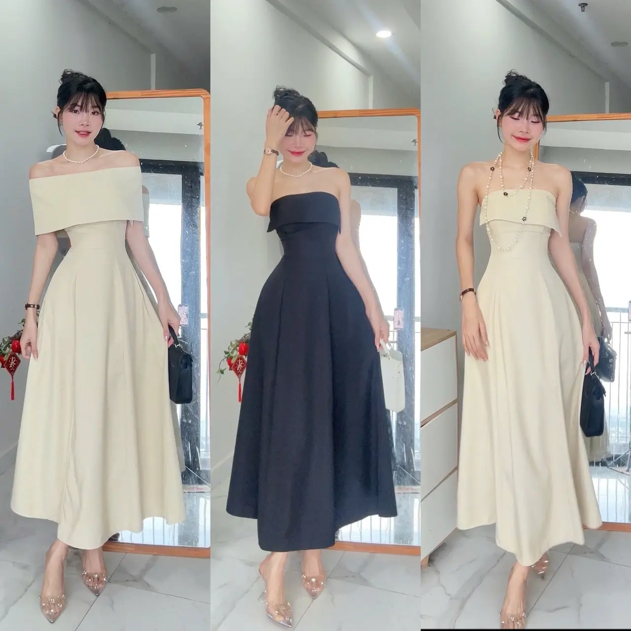Đầm Cúp Ngực Phối Vạt Xéo chỉ giặt tay đỏ hồng Nữ Women