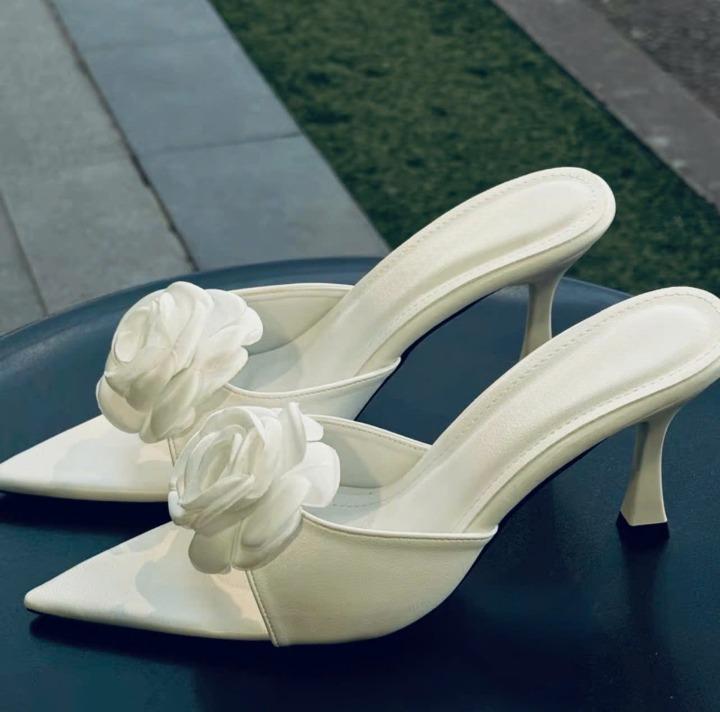  Dép Cao Gót Nữ Mũi Nhọn Đính  Bông Hoa Hồng  Xinh Xắn Thời Trang Gót Cao 7cm và 9cm Shoes 