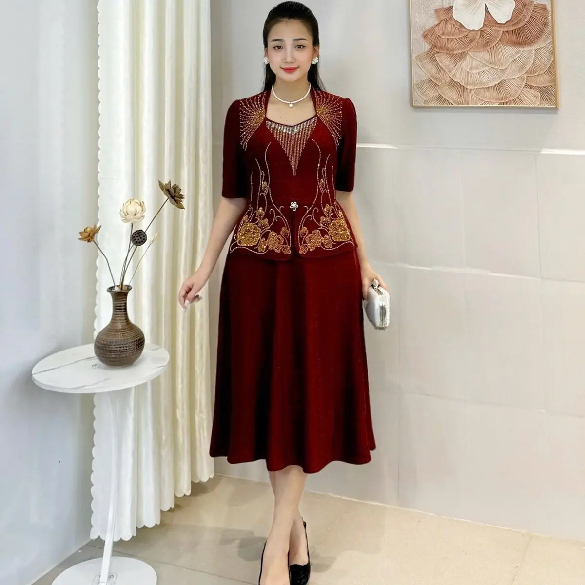 Đầm Đi Tiệc HL646 Dáng Lững Thun Nhũ Mịn Đính Đá DMC Cao Cấp, Cổ Nữ Hoàng, Size 50-75kg - Women, Voi