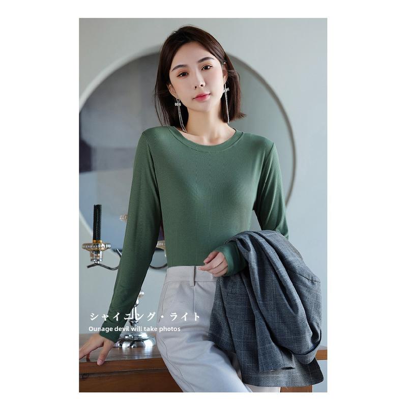Product Introduction of Women's Long-Sleeved Bottoming Shirt Fall and Winter Inner Wear 2024 New Thread round Neck Loose Slim Western Style Black T-shirt Top Womenswear Lingerie Lady Comfort Longsleeve Basic turtleneck  tank Crewneck Minimalist 18