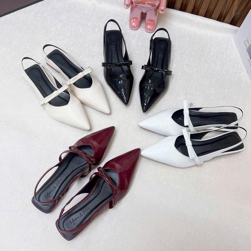 Sandal đế bệt chất da bóng mũi nhọn quai ngang nơ Sd166 zinzin868 có chun điều chỉnh Nữ DéP Shoes GiàY giày cao