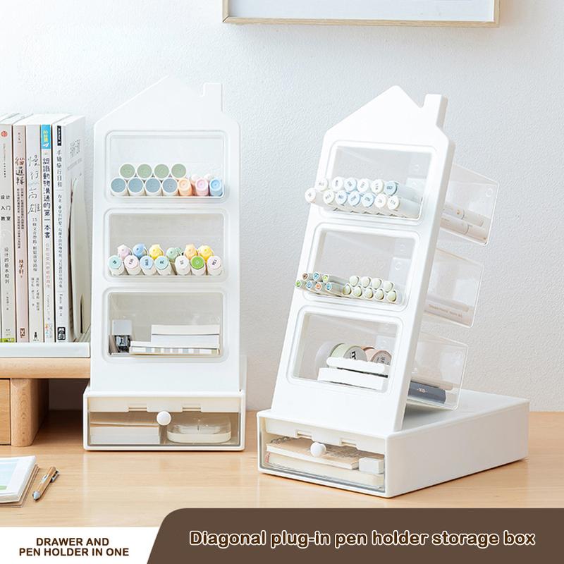 Product Introduction of Cute 2 in 1 Stationery Storage Box Slant Plug House Shape Pen Holder with Drawer Removable Storage Bucket Office Supplies 14