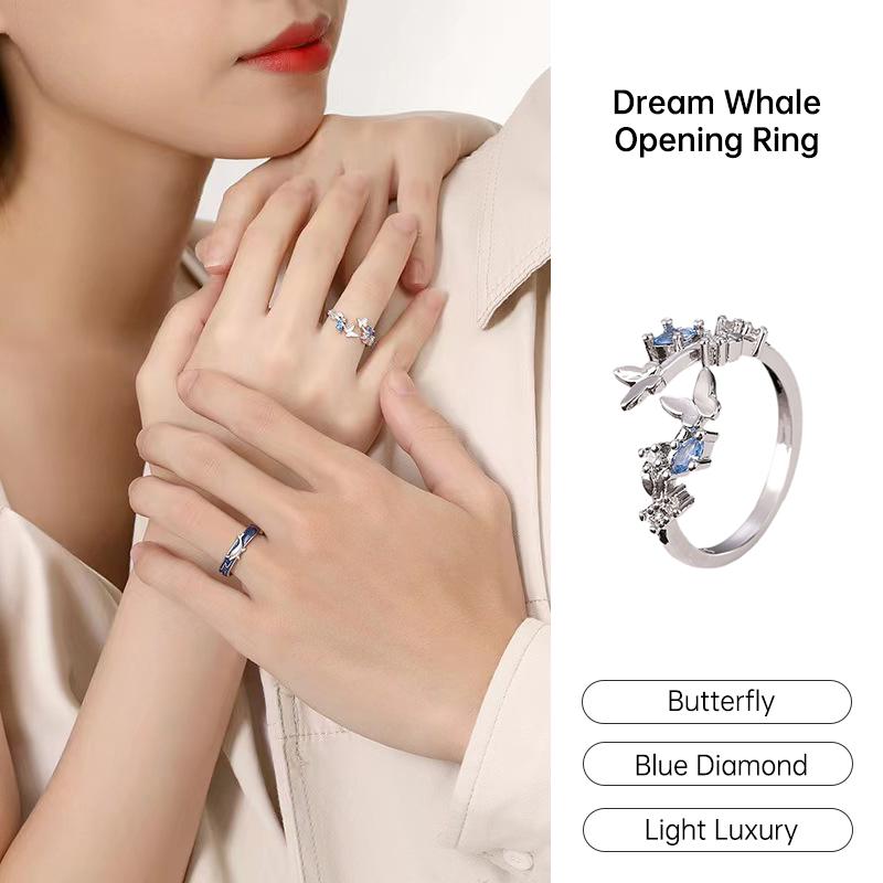 Nhẫn kim cương xanh hình bướm cao cấp thời trang sang trọng Nhẫn mở quà tặng cặp đôi