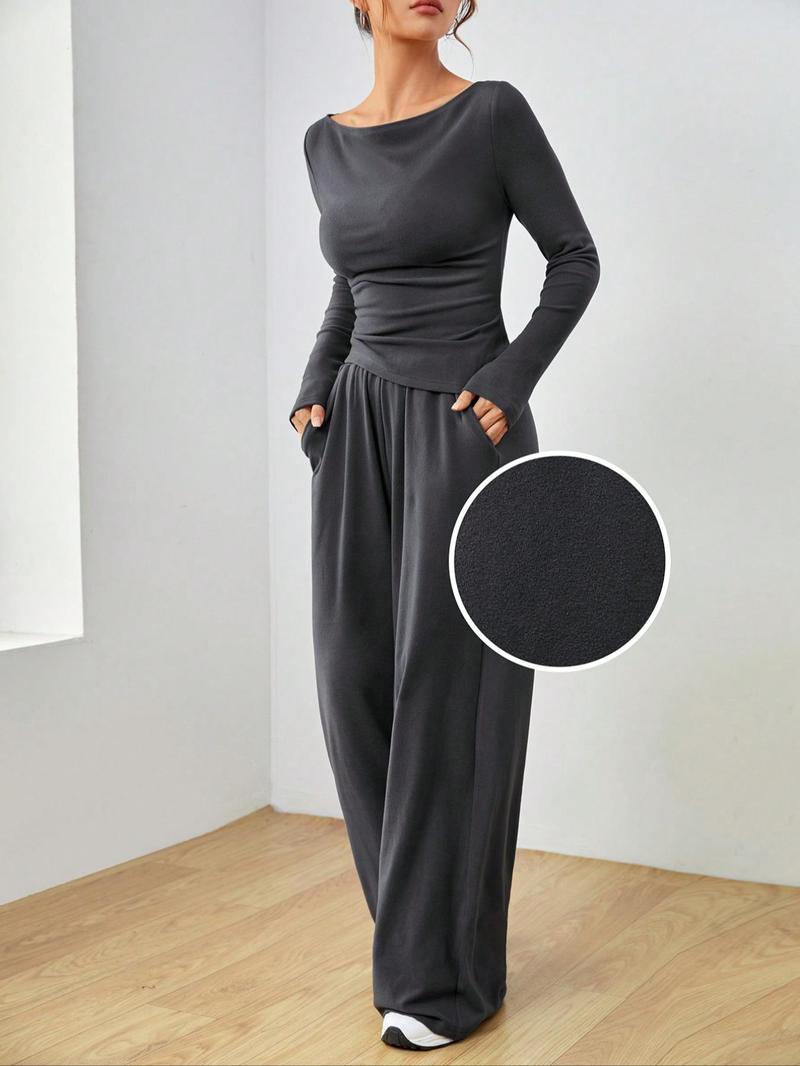 Product Introduction of Women's Solid Ruched Asymmetrical Tee & Elastic Waist Pocket Pants Two-piece Set, Casual Long Sleeve Boat Neck Top & Wide Leg Trousers for Spring & Fall, Tall Clothing Women, Gen Z Corporate Outfit, Winter Outfits, Rave 2 Piece Set,  Curve Fashion 12
