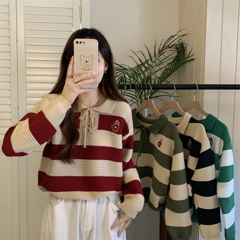 💥[A096] Áo len thun nữ Montoghi hàng dệt kim cổ áo POLO kẻ sọc retro có DÂY RÚT CỔ và LOGO HOA đơn giản trẻ trung - L2M (Top nữ Women Nhung ) 【 hoa hồng 】 9