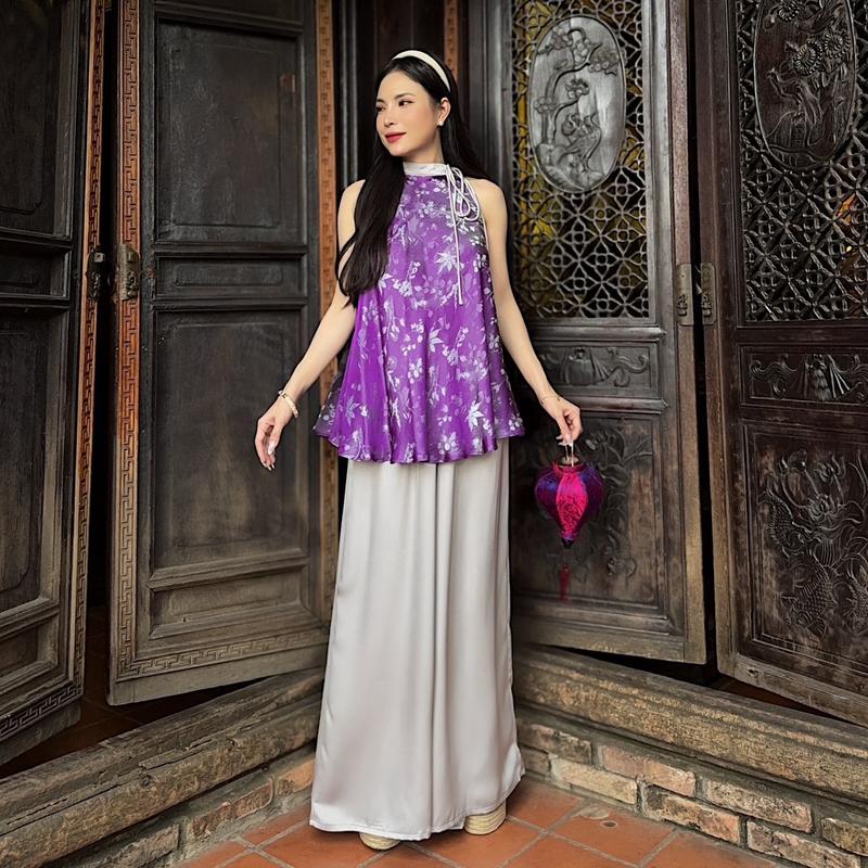 Y01 SET ĐỒ NỮ ÁO YẾM CỘT DÂY KÈM QUẦN SUÔNG DÀI, CHẤT LIỆU GẤM TƠ TẰM - FREE SIZE 4
